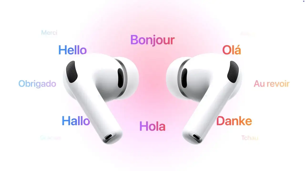 Białe słuchawki otoczone pozdrowieniami w różnych językach. Kiedy airpods pro 3?