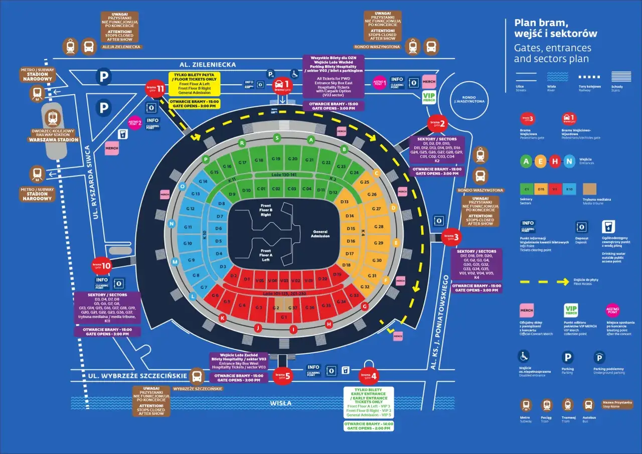 Plan stadionu z bramami i sektorami. Dowiedz się, ile kosztuje bilet na koncert Taylor Swift, sprawdzając oznaczenia wejść i sektor&oacute;w.