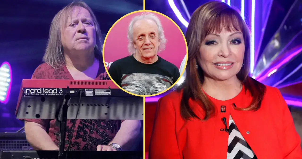 Na alei gwiazd kto śpiewa? Trzech artyst&oacute;w: Rick Wakeman przy keyboardzie, w okręgu wokalista z długimi włosami, obok uśmiechnięta kobieta w czerwonym.