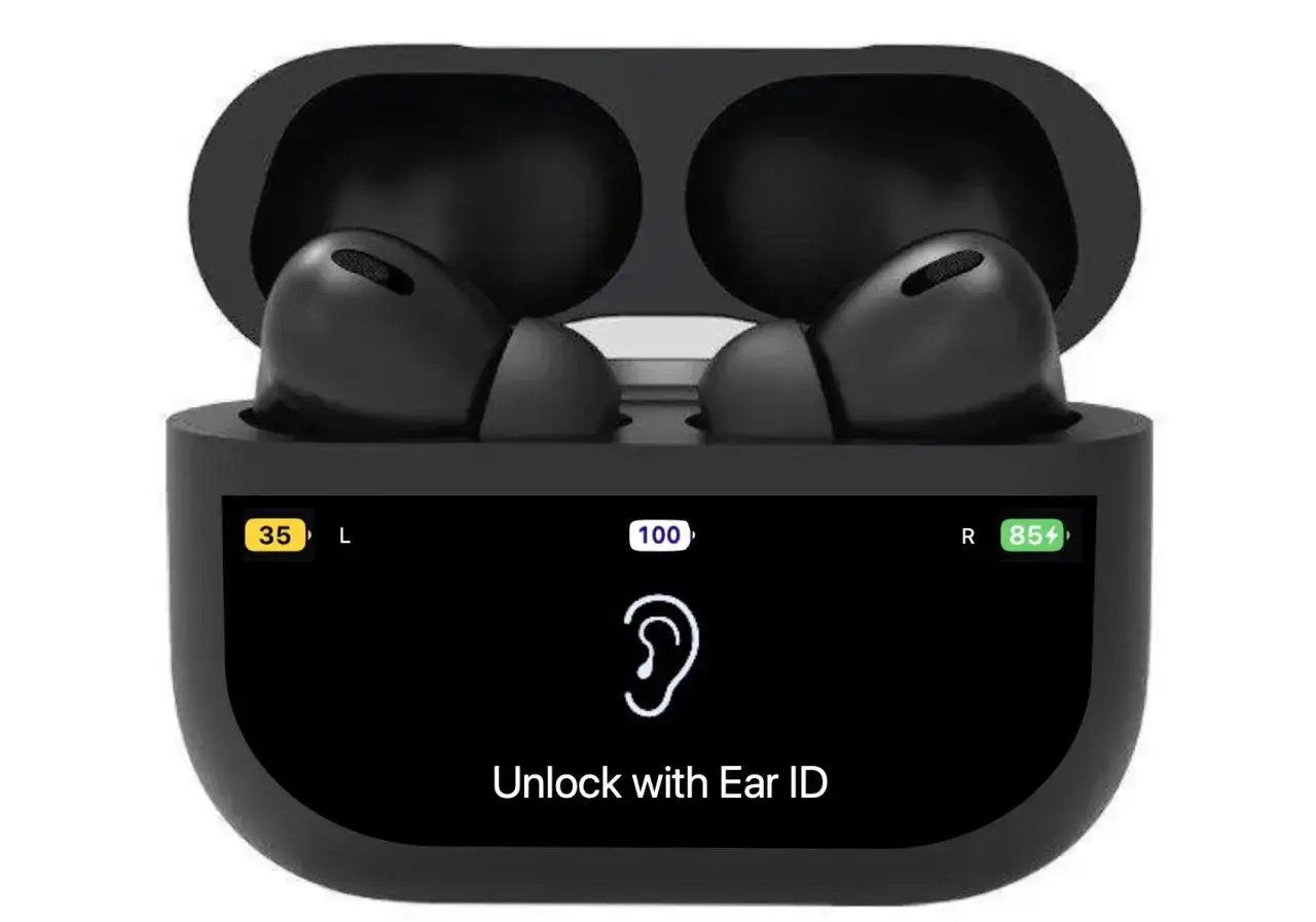 Czarne słuchawki AirPods Pro 3 z ekranem pokazującym poziom baterii i ikonę ucha. Kiedy premiera?