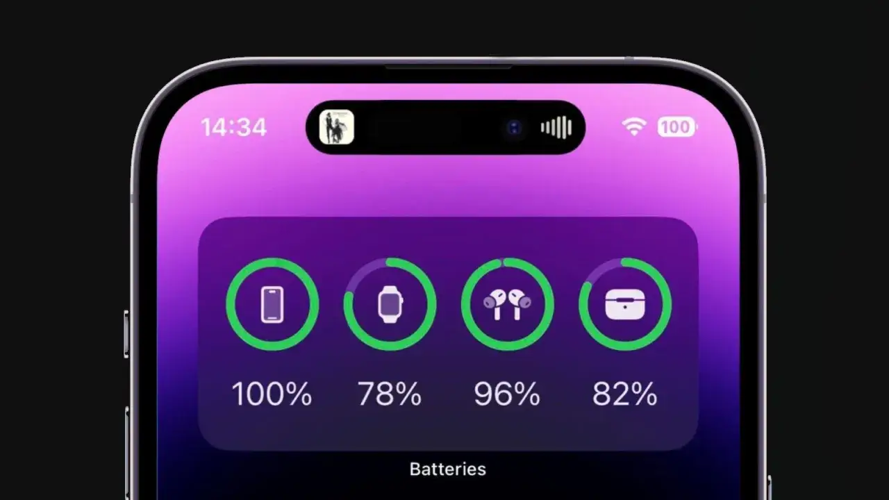Widok ekranu iPhone'a pokazujący, jak sprawdzić ile AirPods mają baterii. Widoczne są ikony telefonu, zegarka, słuchawek i etui z procentowym stanem naładowania.