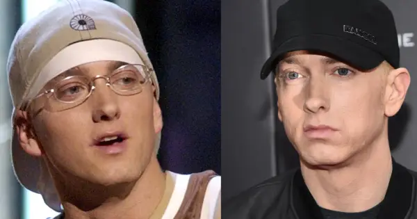 Eminem, kto to? Porównanie wizerunków rapera z różnych lat: młodszy w czapce i okularach, starszy w czarnej czapce Kangol.