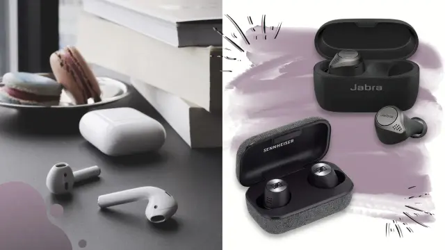 Porównanie słuchawek Jabra i Sennheiser, idealne dla iPhone'a. Obok słuchawki Apple AirPods.